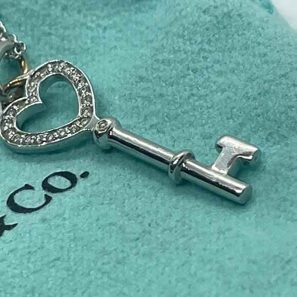 Tiffany & Co Diamond 18K White Gold Heart Key Pendant 18" Chain Necklace in Box - Picture 13 of 16